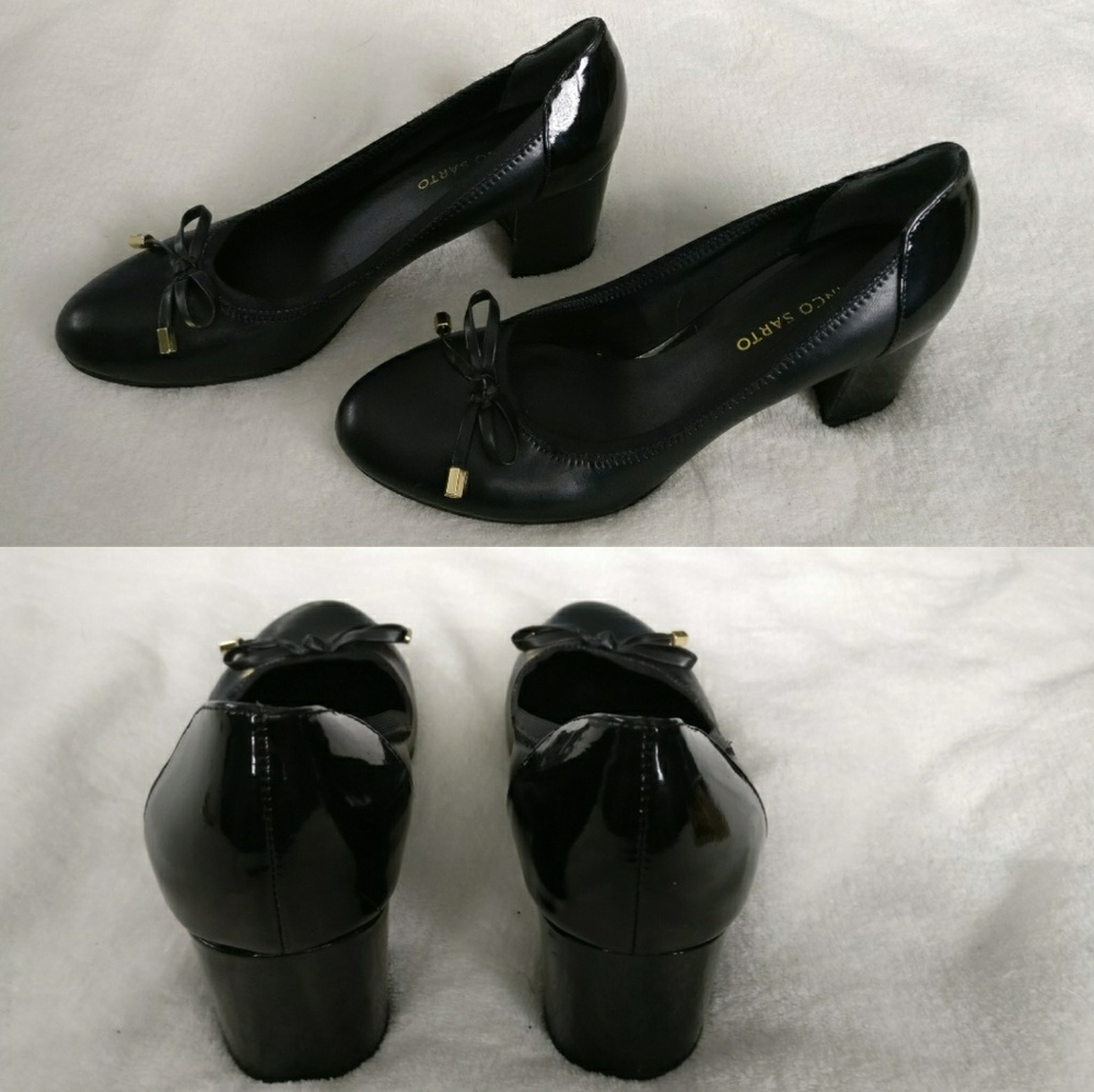 Franco Sarto black heels with gold accents