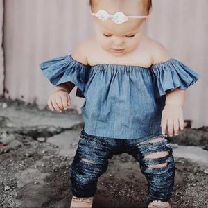 0-1 year adorable off shoulder denim look shirt