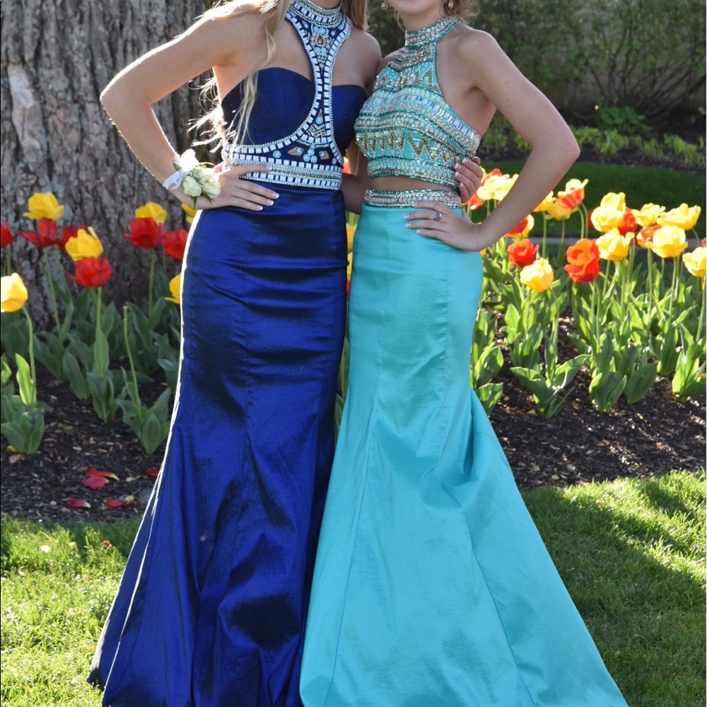 Dark blue beaded prom dress