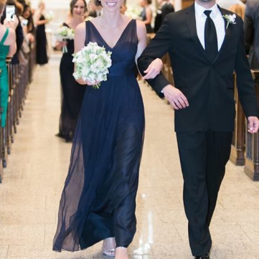 Amsale Navy V-neck Crinkle Chiffon Gown (G783C)