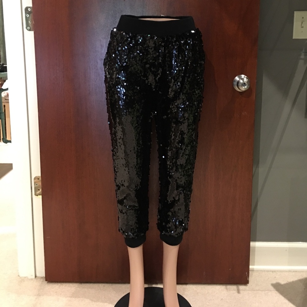 Sequin black jogger pants by Rehab
