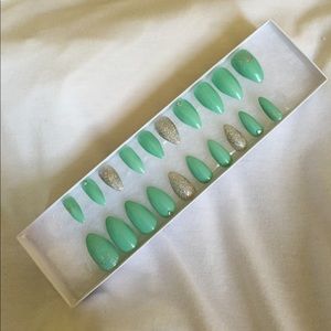 Hand painted teal silver glitter press on nails