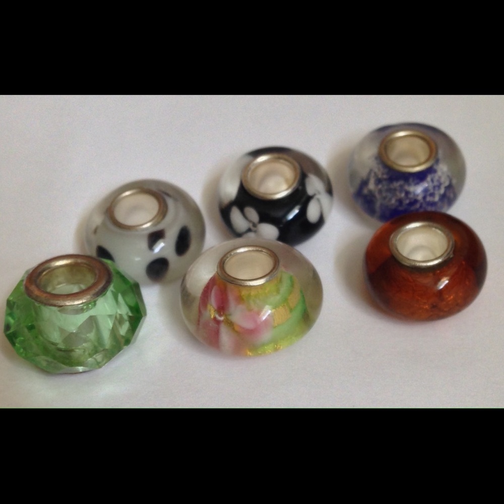 6 glass charms for bracelet. new
