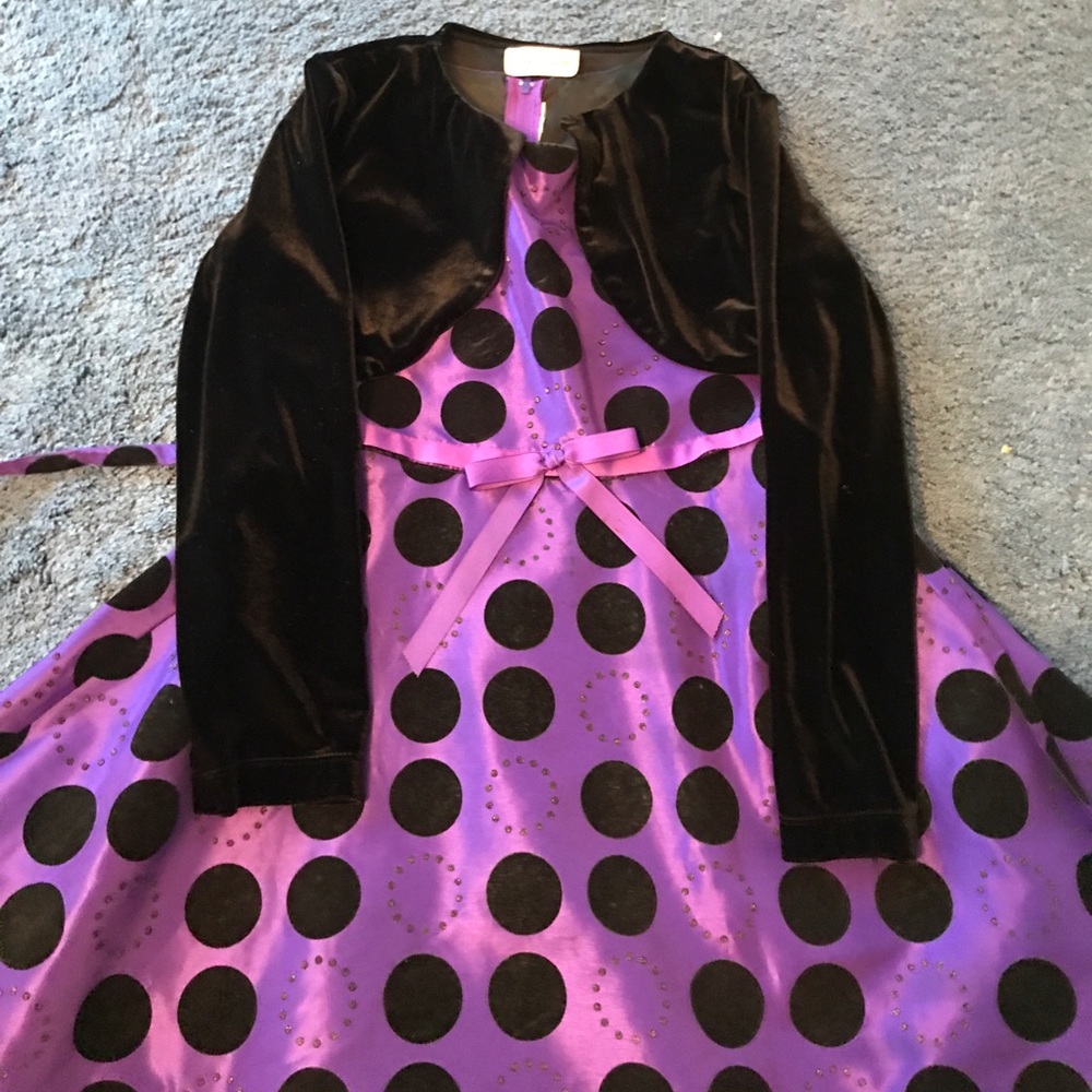 Purple poka dot dress with small black sweater