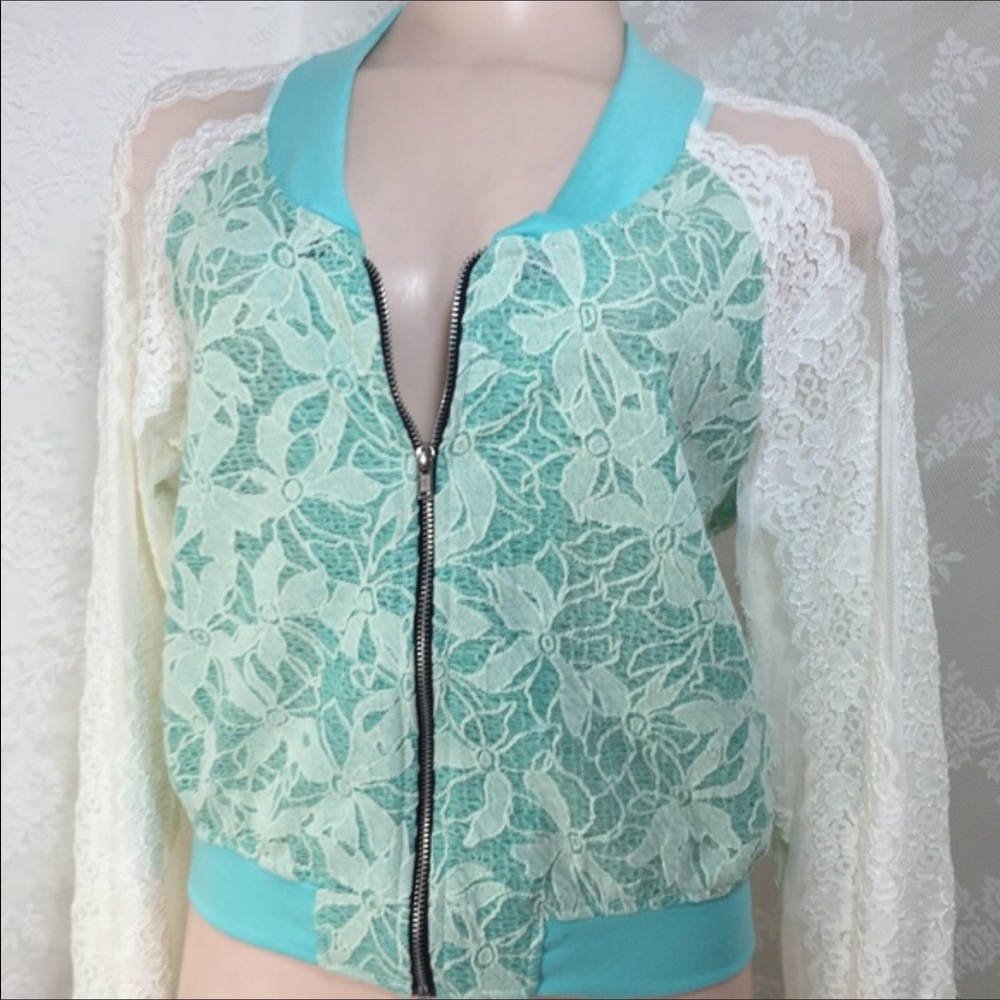 Teal/Ivory lace summer bomber jacket b006