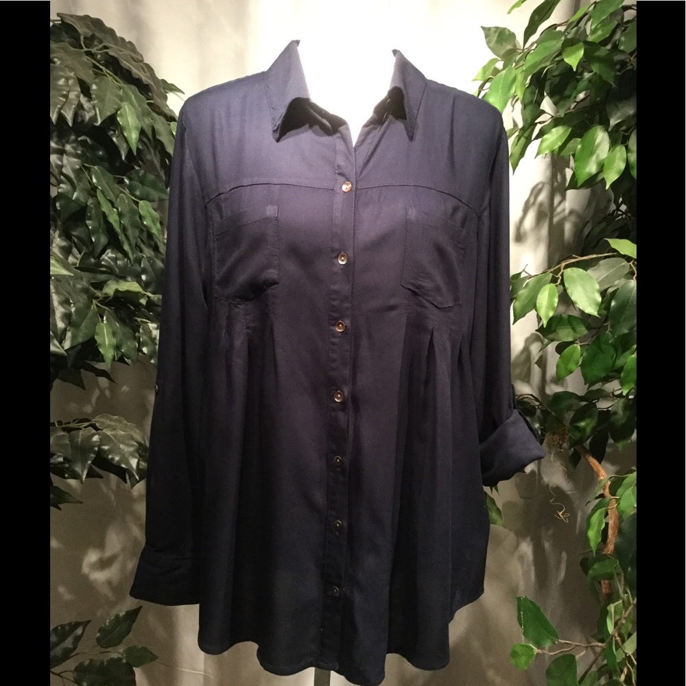 Style & Co Button Down Pleated Roll Sleeve Shirt