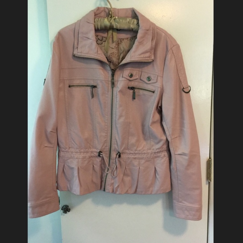 Pink, faux leather jacket.