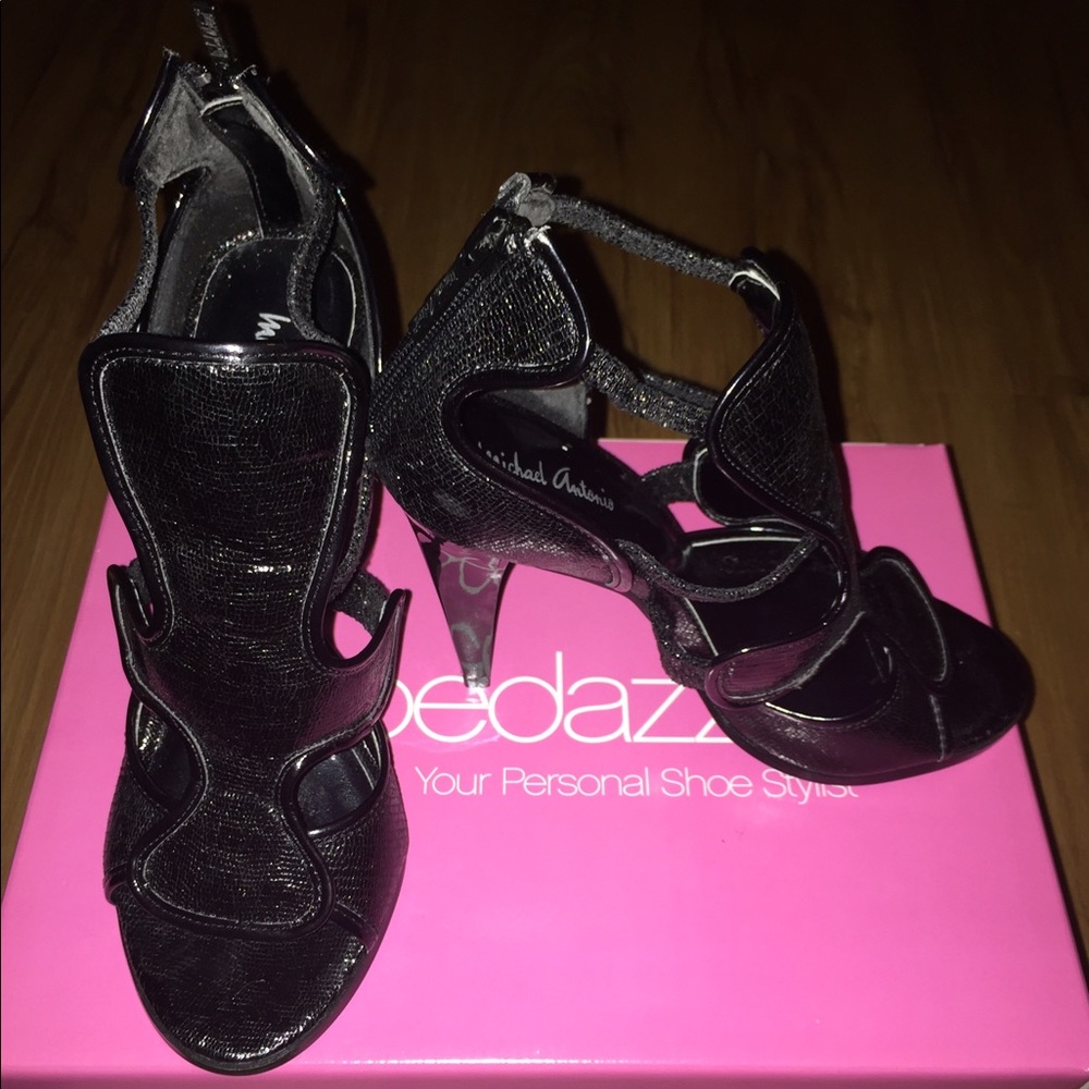 Black shimmer heels with cutouts