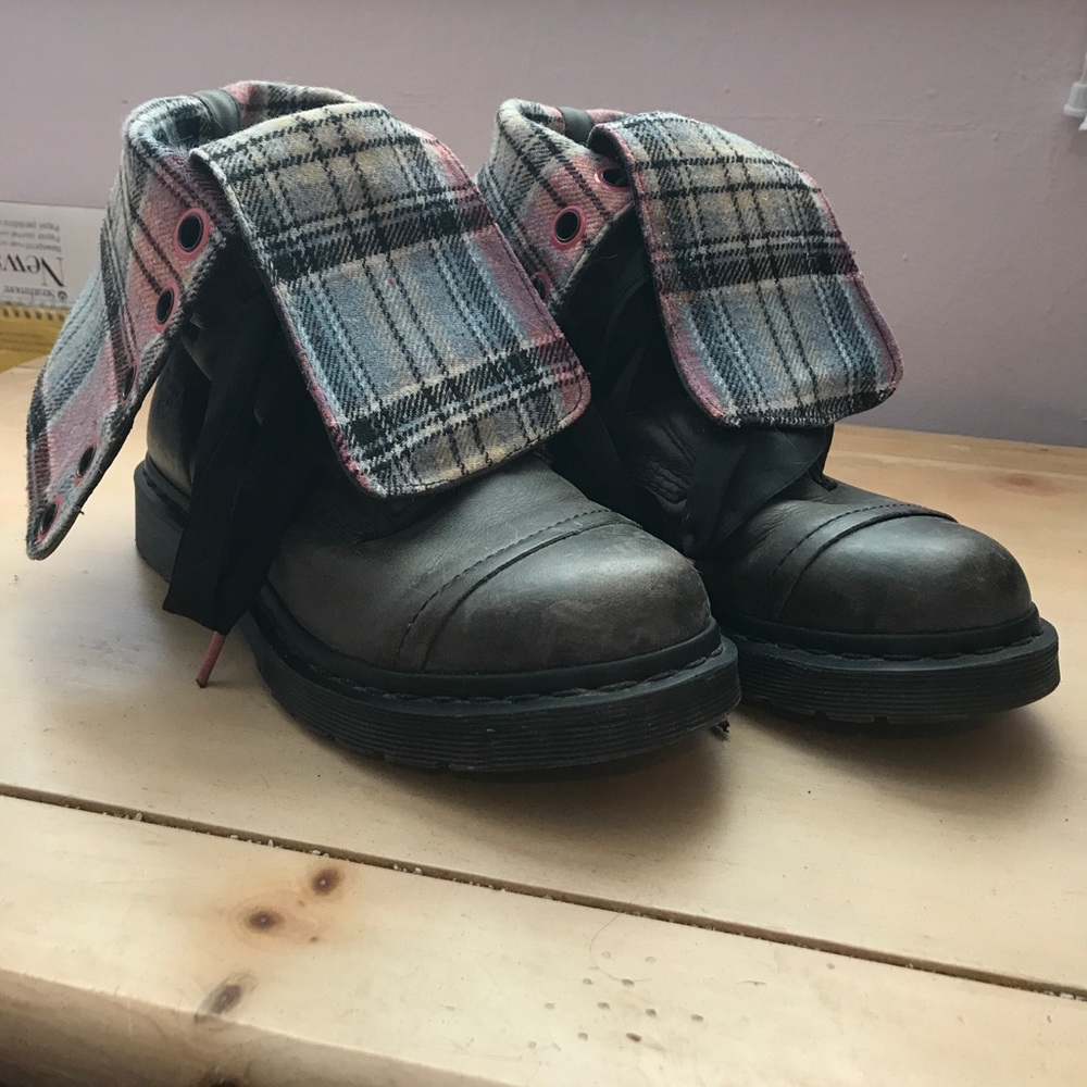 Dr. Martens black Triumph fold over plaid boot