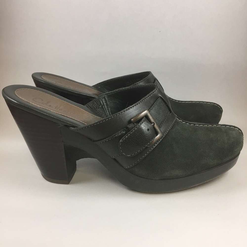 Woman COLE HAAN Green Suede Buckle Mule Shoe 6.5 B