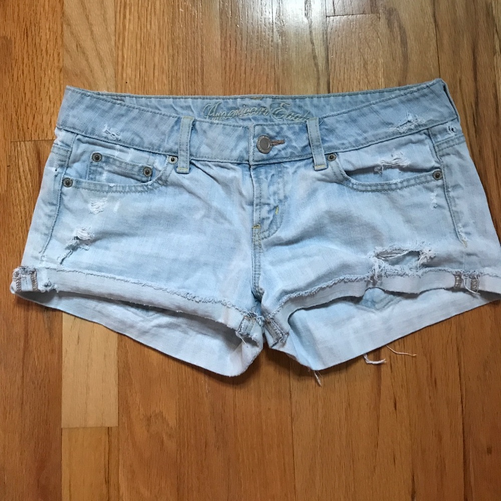 Destressed American Eagle cutoff denim shorts