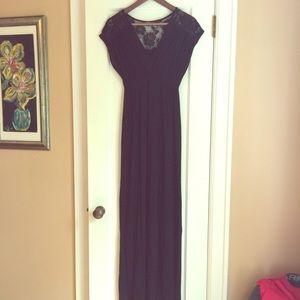 Black umpire waist maxi dress with lace detail