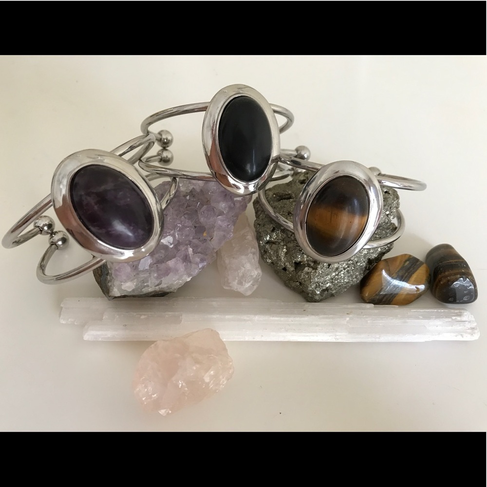 Amethyst, Tigers Eye & Onyx Stainless Steel Cuffs