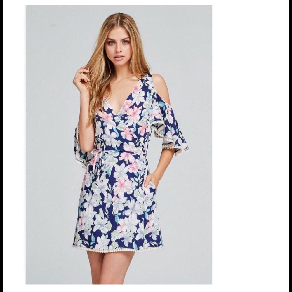 Floral Open Shoulder Wrap Dress
