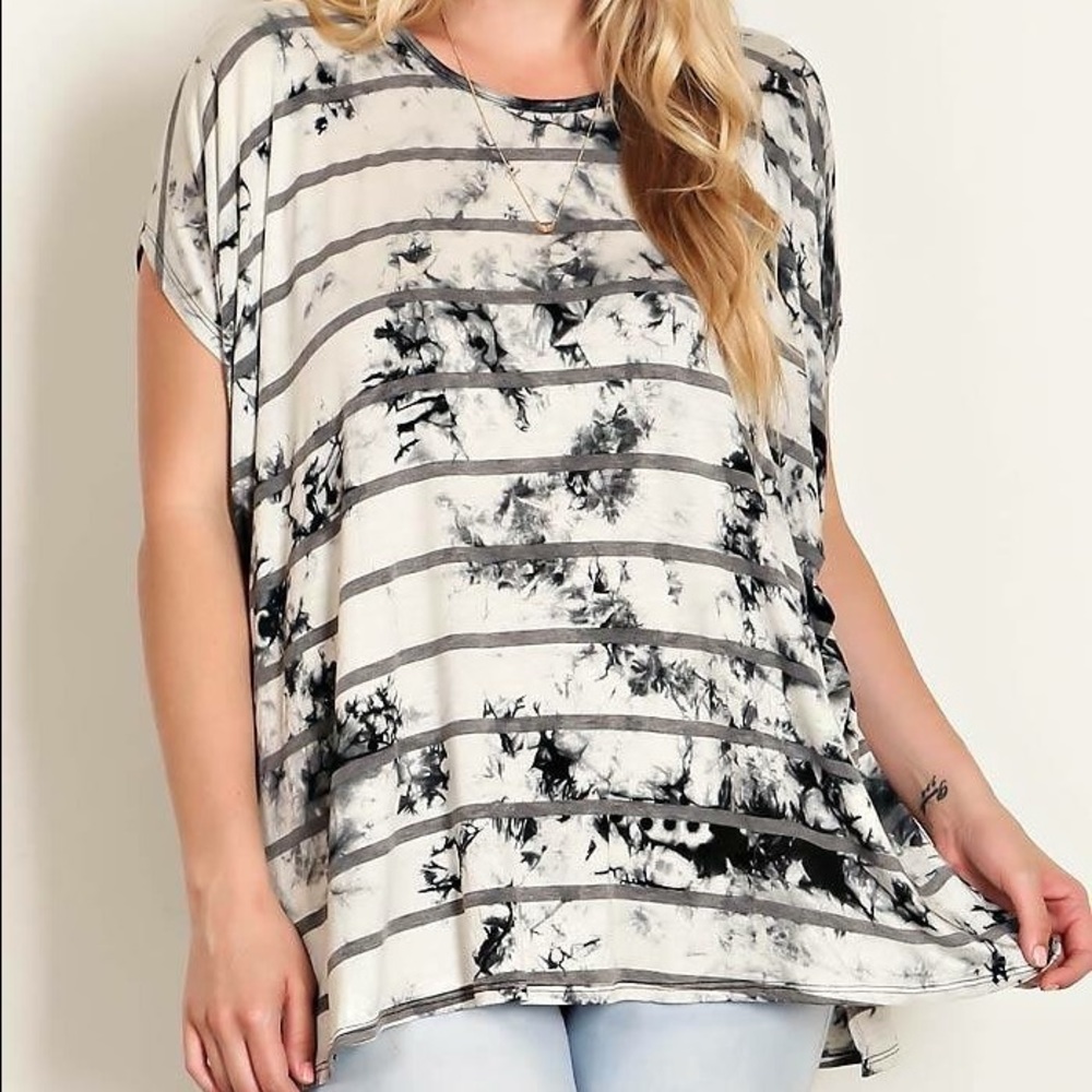 Plus Size Grey Tie Dye Print/Stripe Jersey Tunic