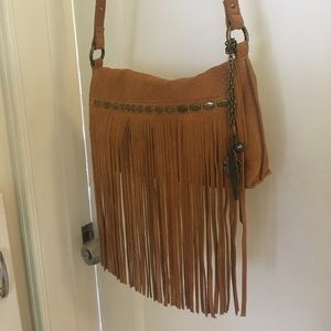 Camel, suede, crossbody purse, fringe, boho