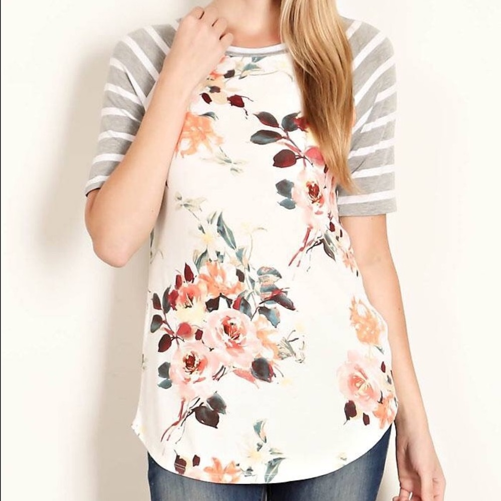 Ivory/Grey Floral Print Raglan Jersey Top