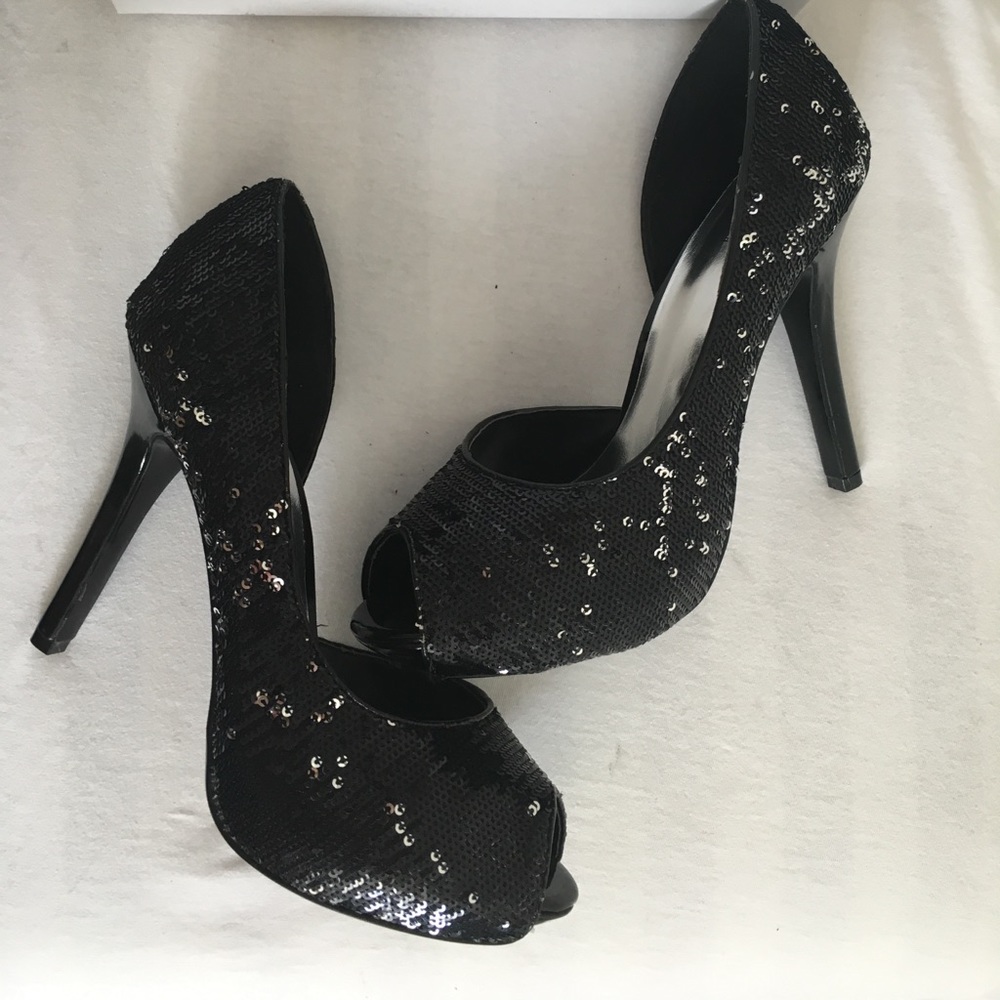 New Black and silver sequin peep toe pumps.