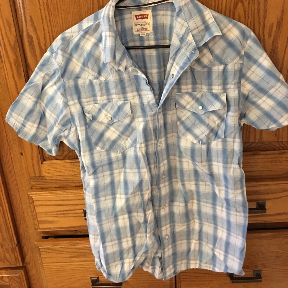 Men's petal snap shirt blue and white plaid