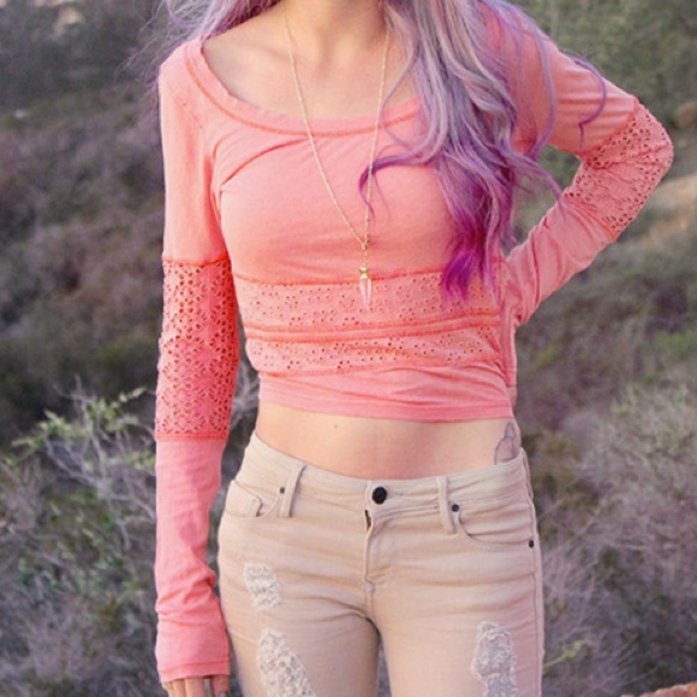 Free People Long Sleeve Crop Top in Peach