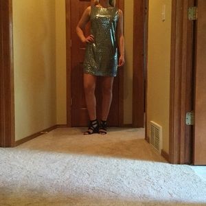 Silver and blue sequins shift dress.