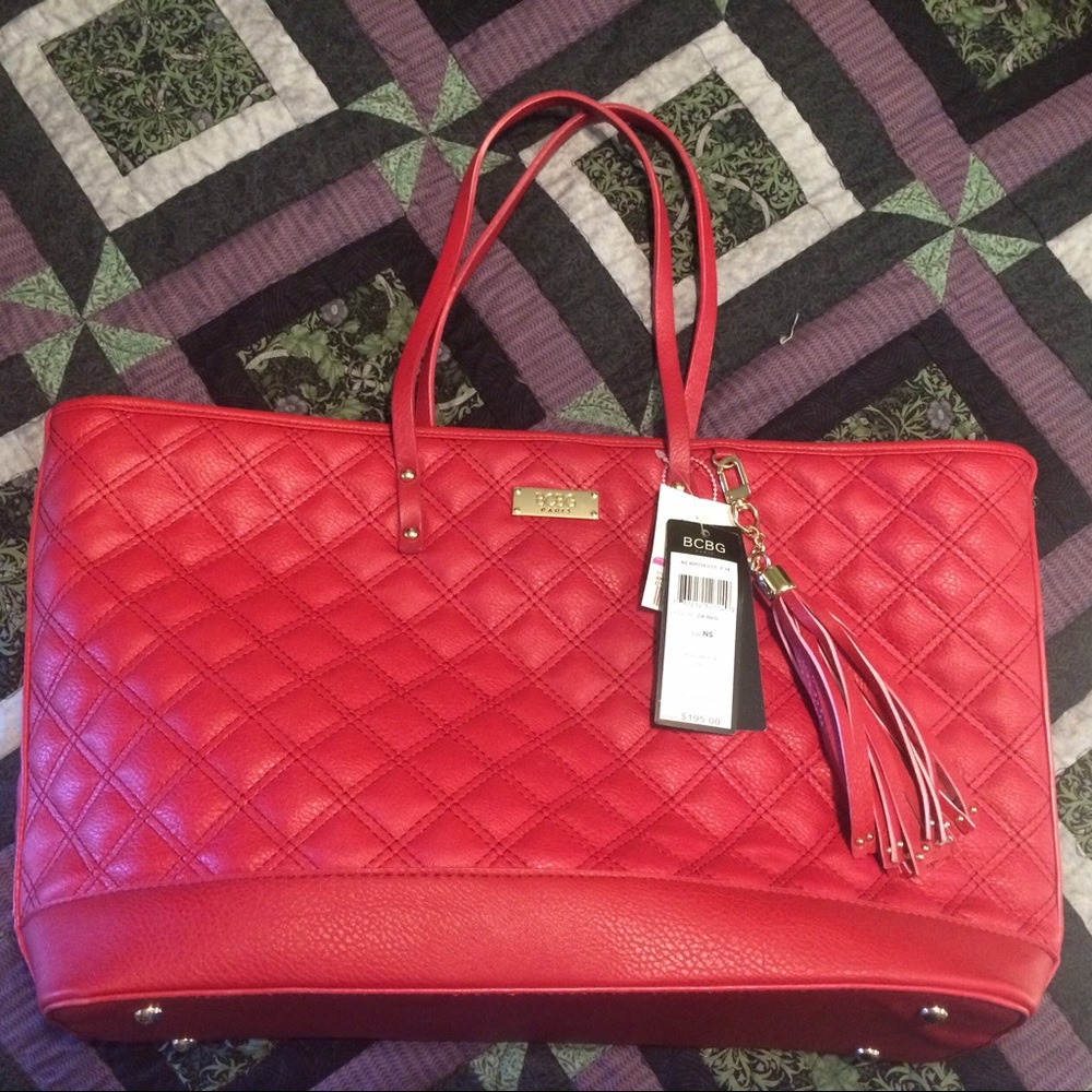 BCBG red quilted tote bag purse weekender NWT