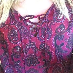 Paisley burgundy lace up dress with bell sleeves