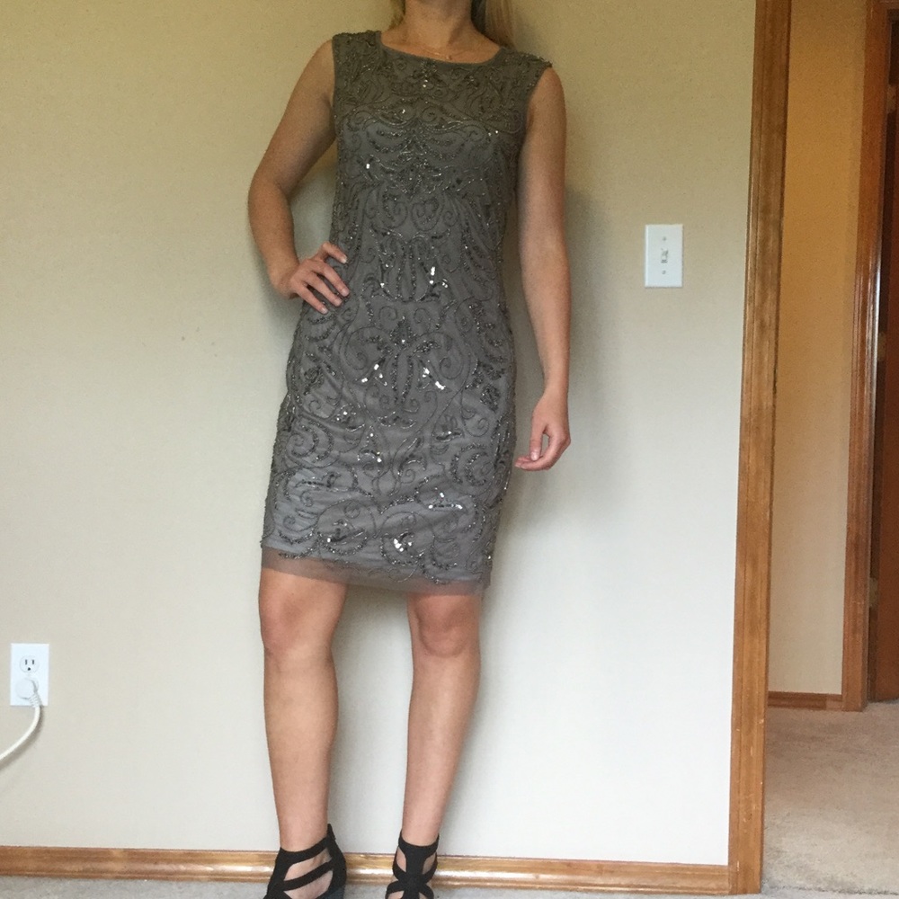 Adrianna Papell beaded taupe/light grey dress.