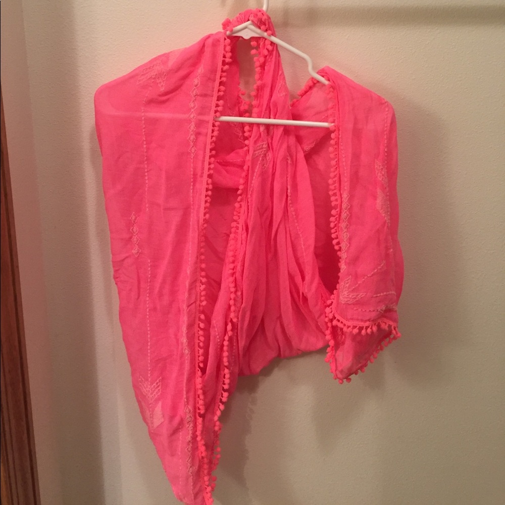 Embroidered pink infinity scarf with accented ends