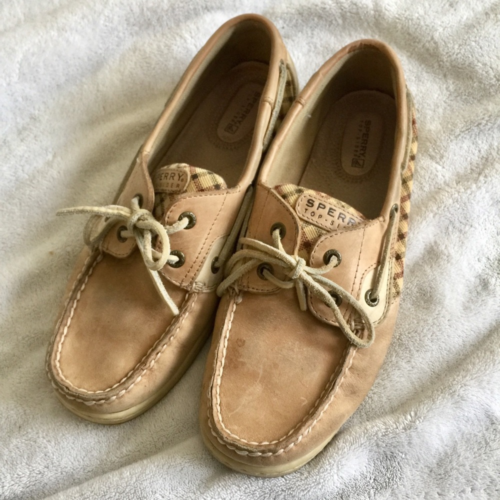 Sperry Topsiders in light tan with plaid sides
