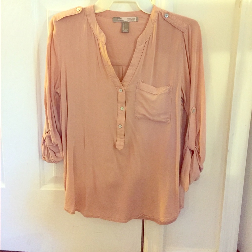 Pale pink half button up blouse