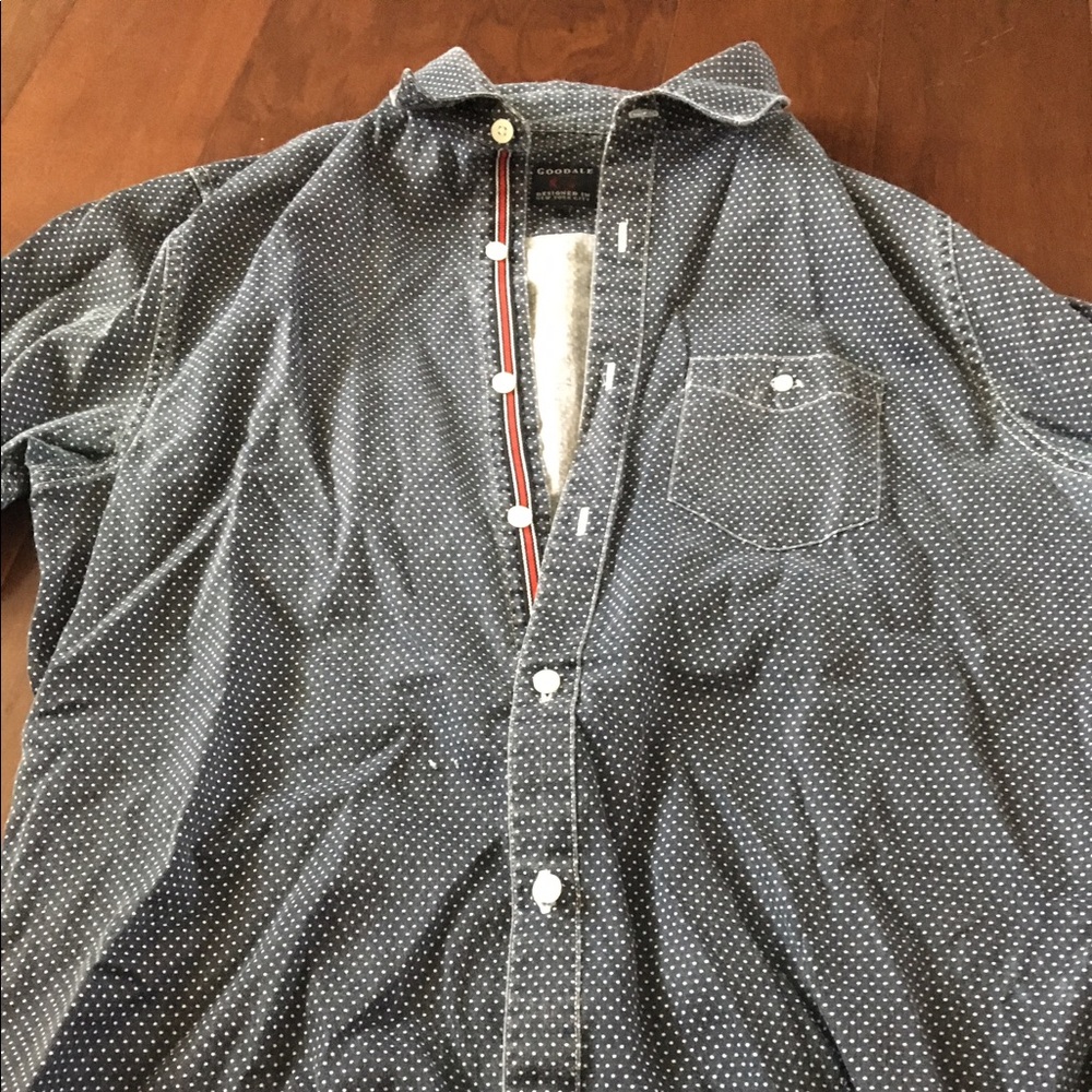 casual blue& white dot button down by Goodale