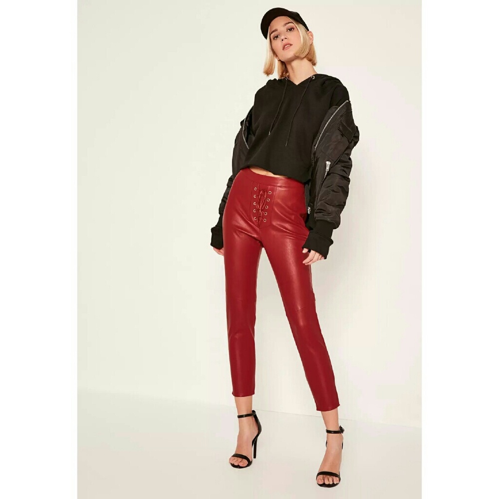 Red pleather faux leather lace up sexy hot pants