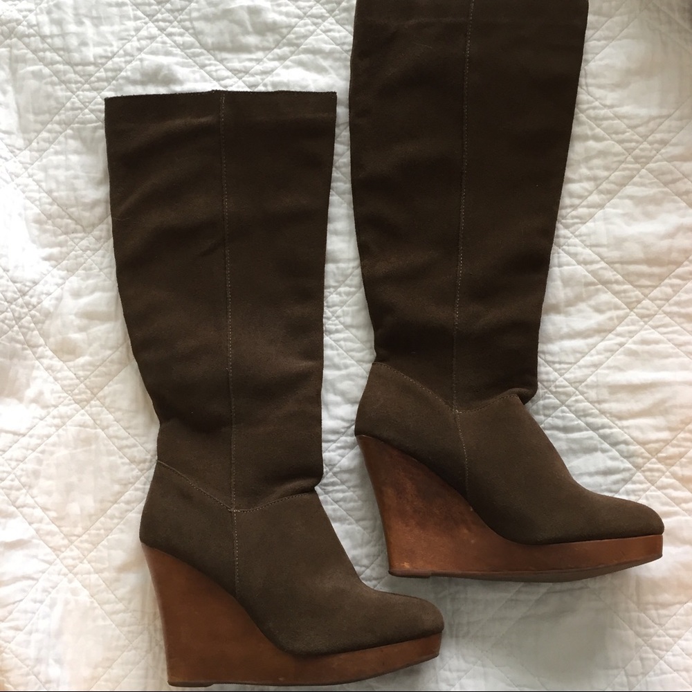 Brown suede boots w wood platform wedge heel