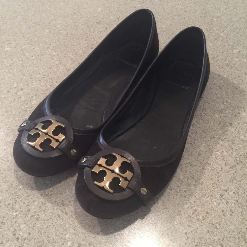 Brown Suede Tory Burch Flats w/ gold emblem