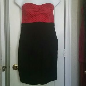 Black and red strapless cocktail dress