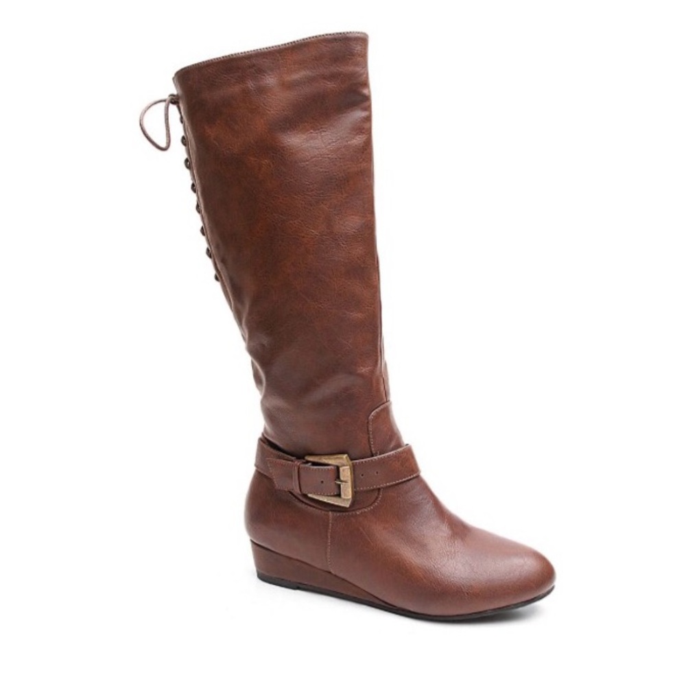 Dark Brown Lace Up Knee High Faux Leather Wedge Boots