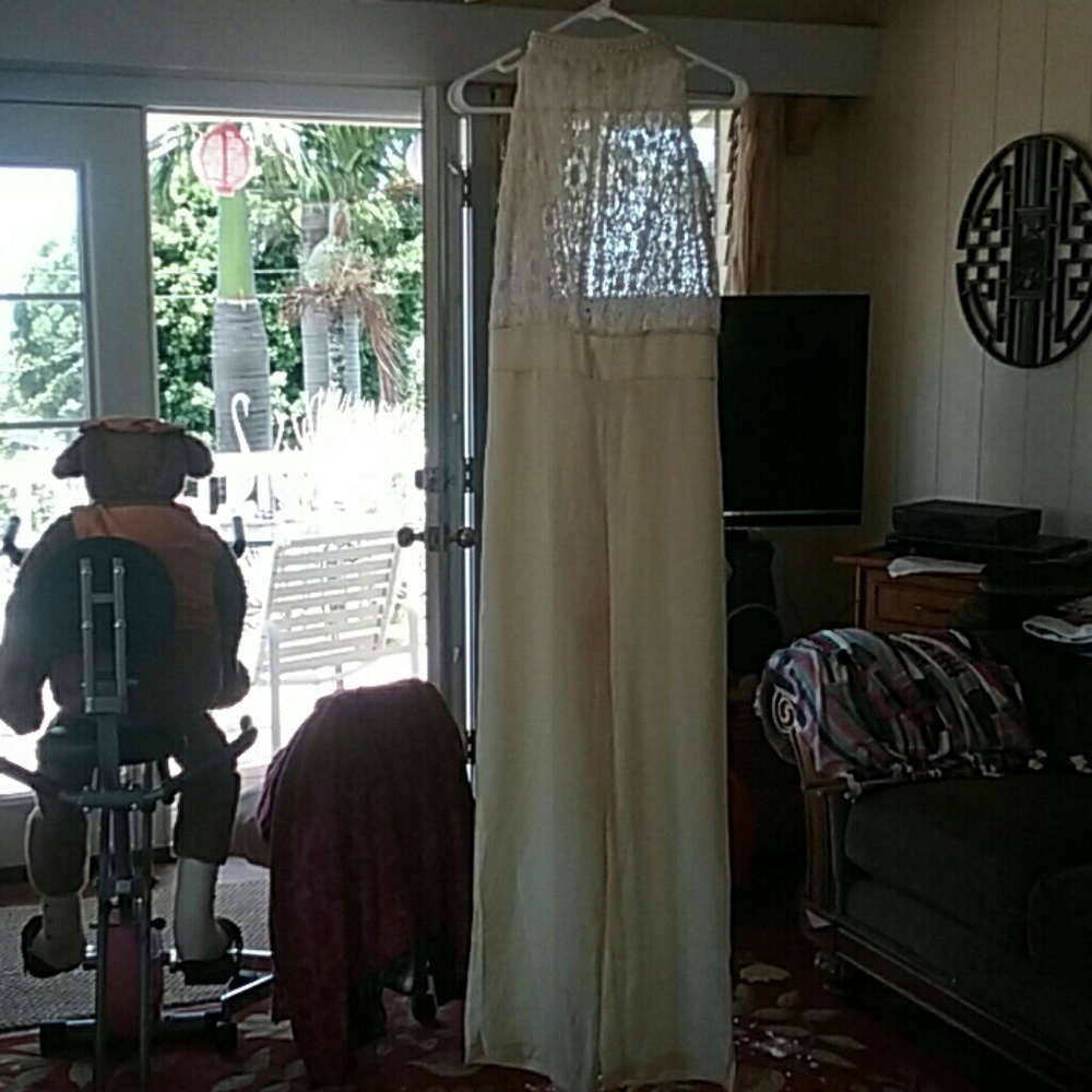 Lace top satin jumpsuit, cream color