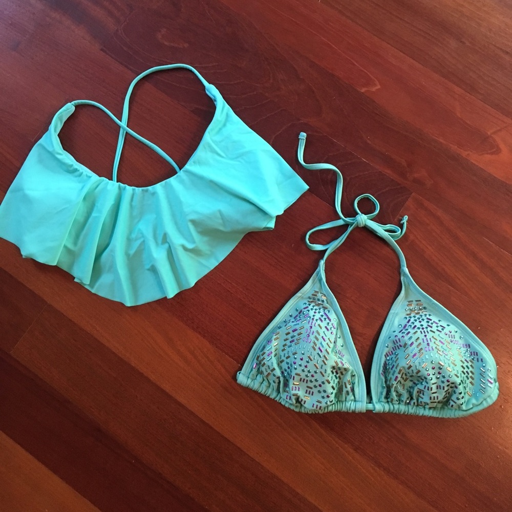 Two mint colored bikini tops!