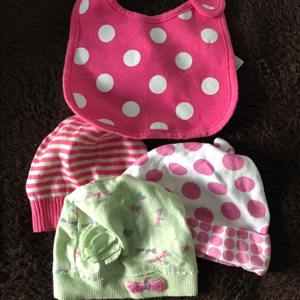 Baby girls 3 hats and bib bundle lot pink