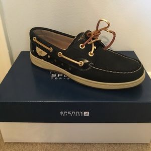 Never worn Bluefish Black/Gold Sperry Boat Shoes