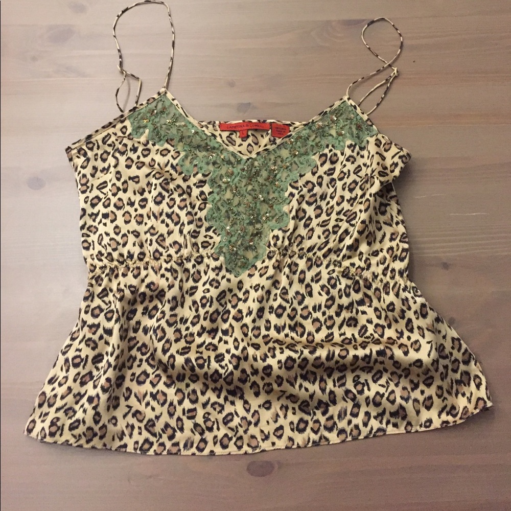 100% Silk Leopard Cami with Green Lace Detail