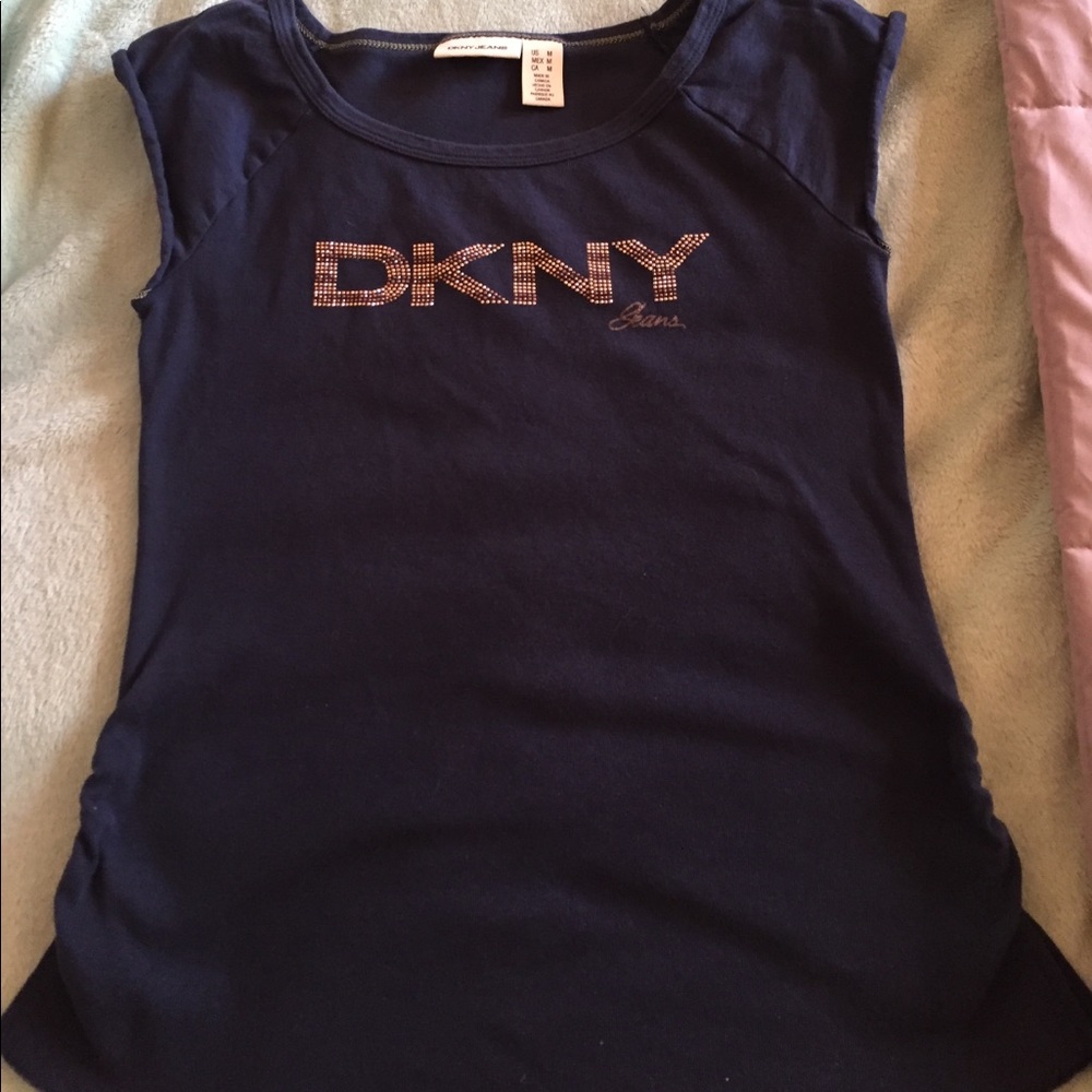 Dkny navy blue, medium, copper gold lettering, tee