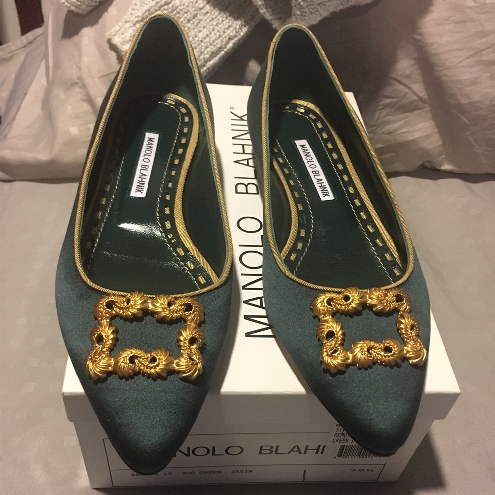 Manolo blahnik green satin flats sz 38.5