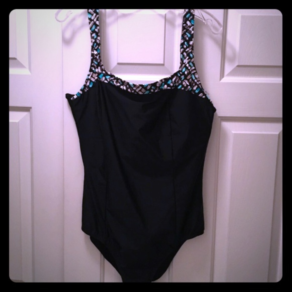 New Black Bathing Suit w/Teal, Beige,White Trim