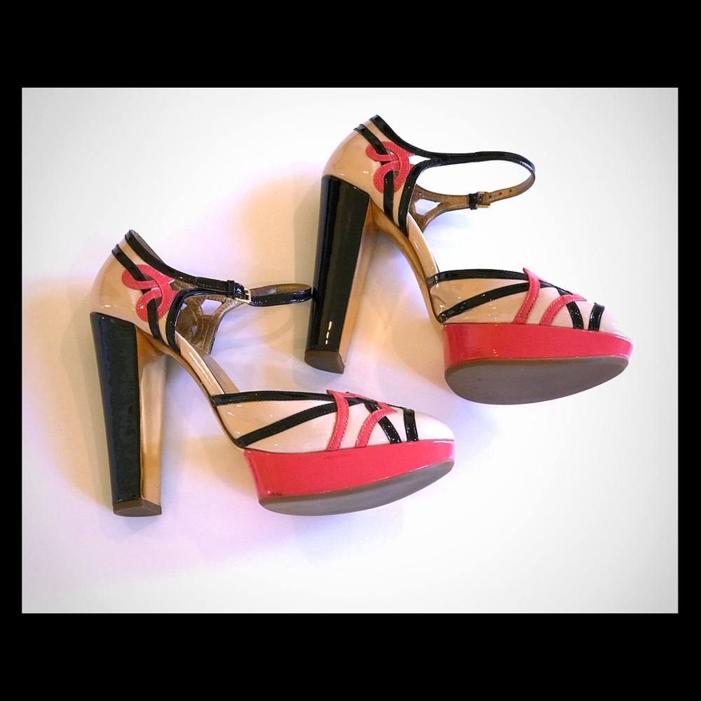 Creme, red, black patent leather heels.  Miu Miu