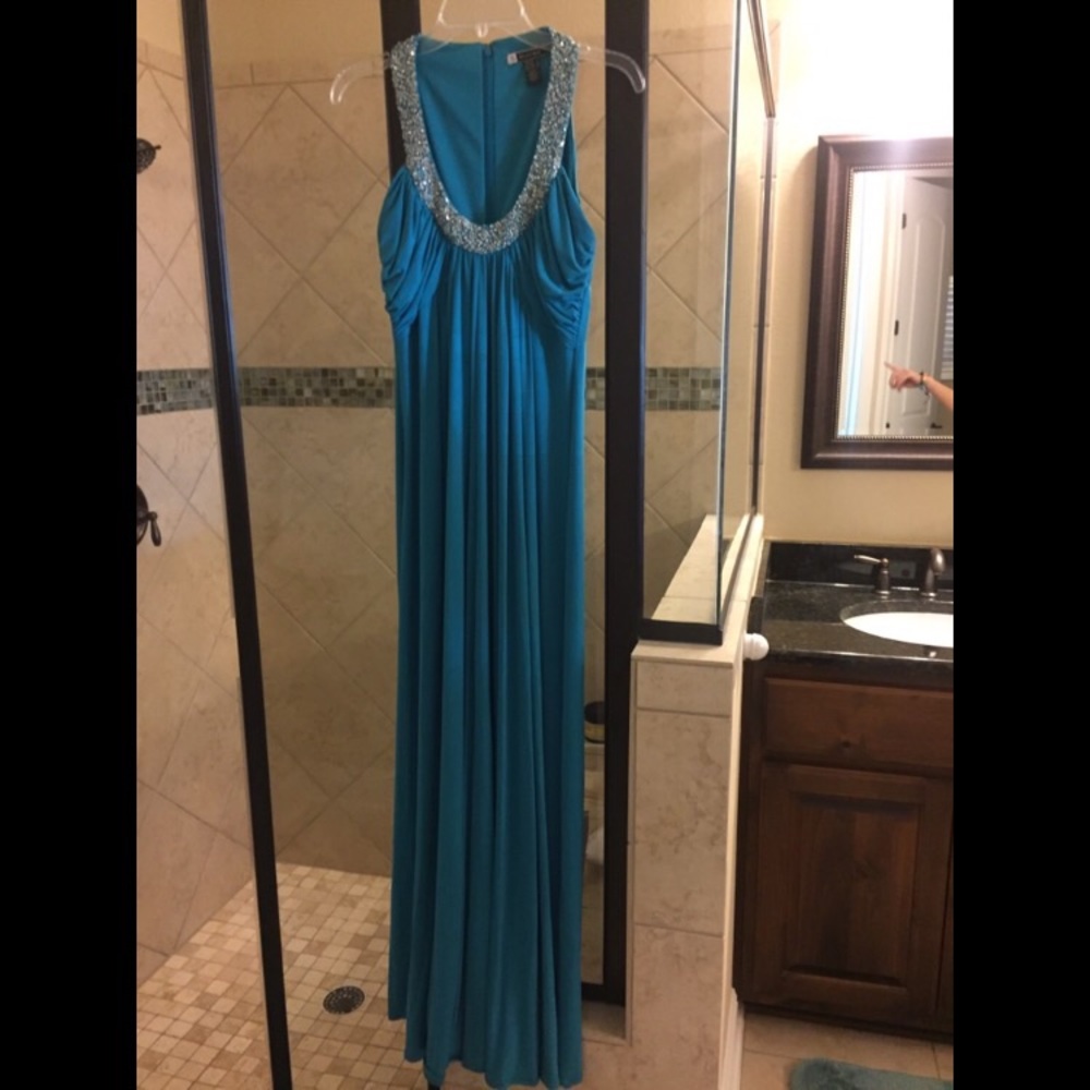 Turquoise beaded formal gown