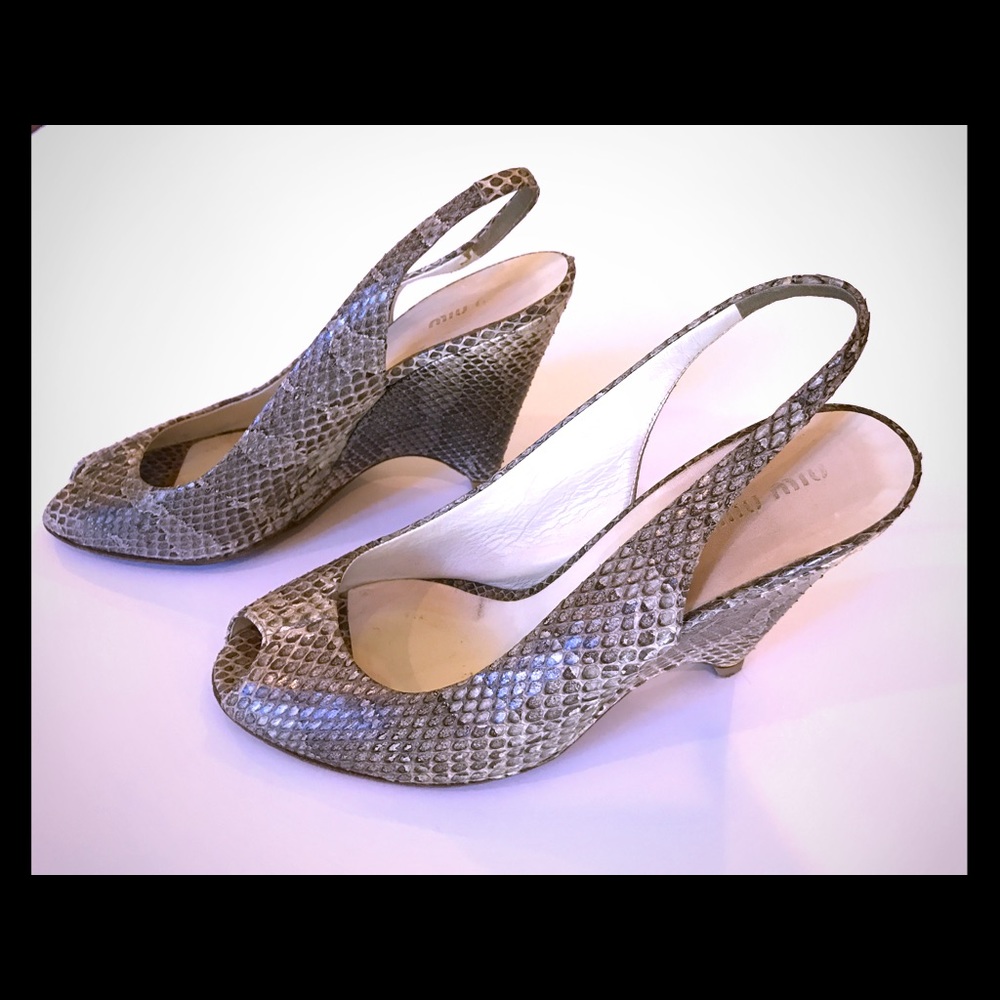 **SOLD** Snakeskin open-toe wedges.  Miu Miu