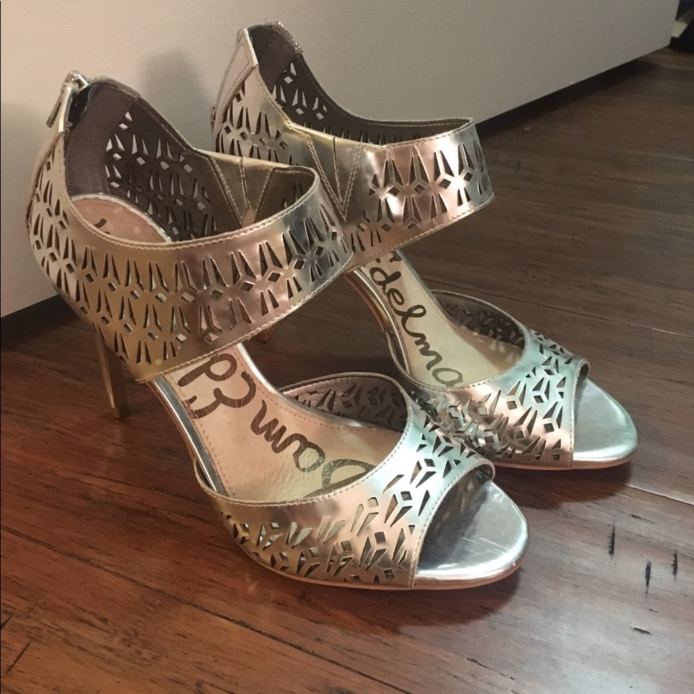 Sam Edelman Silver laser cut sandal heels.
