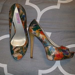 Women's open toe platform pump heels floral sz 7.5